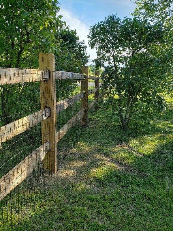 Natural wood split rail and post fencing with welded wire for animal keeping